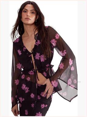Ditsy Floral Chiffon Peasant Top with Ruffle Tie Front Fluted Sleeves V-Neck